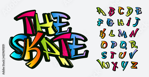 Playful graffiti alphabet, rebellious and colorful letters typeset. Funky teen font for skate and hip-hop culture. Lively and dynamic typographic design for t-shirt, poster, logo. Vector typeset