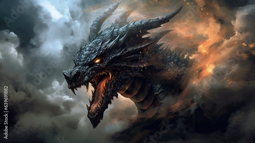 Portrait of black dragon in smoke