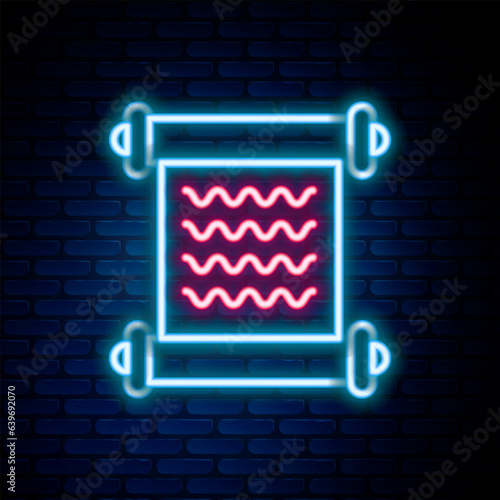 Glowing neon line Decree, paper, parchment, scroll icon icon isolated on brick wall background. Colorful outline concept. Vector