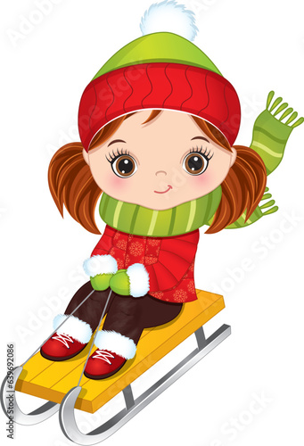 Vector Cute Little Girl in Winter Outfit Sledding