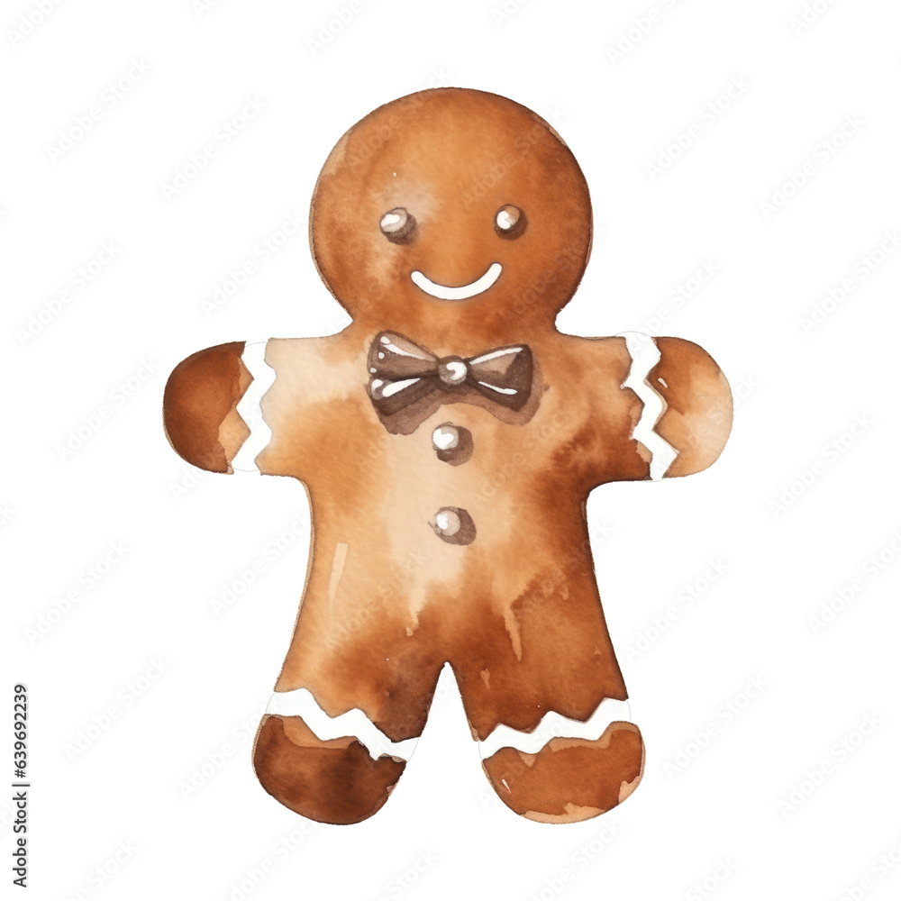 Fototapeta premium Gingerbread man watercolour illustration. clipart for design. Christmas elements. isolated on transparent background. Generative ai