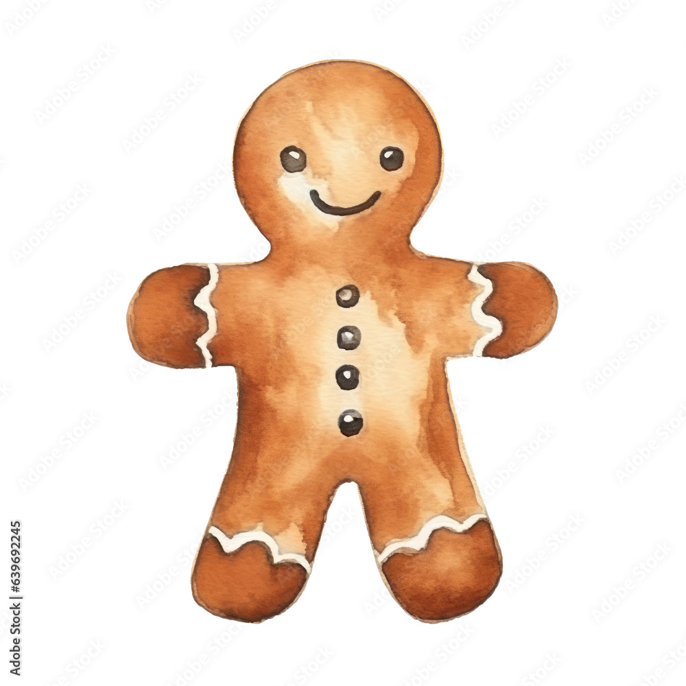 Obraz premium Gingerbread man watercolour illustration. clipart for design. Christmas elements. isolated on transparent background. Generative ai