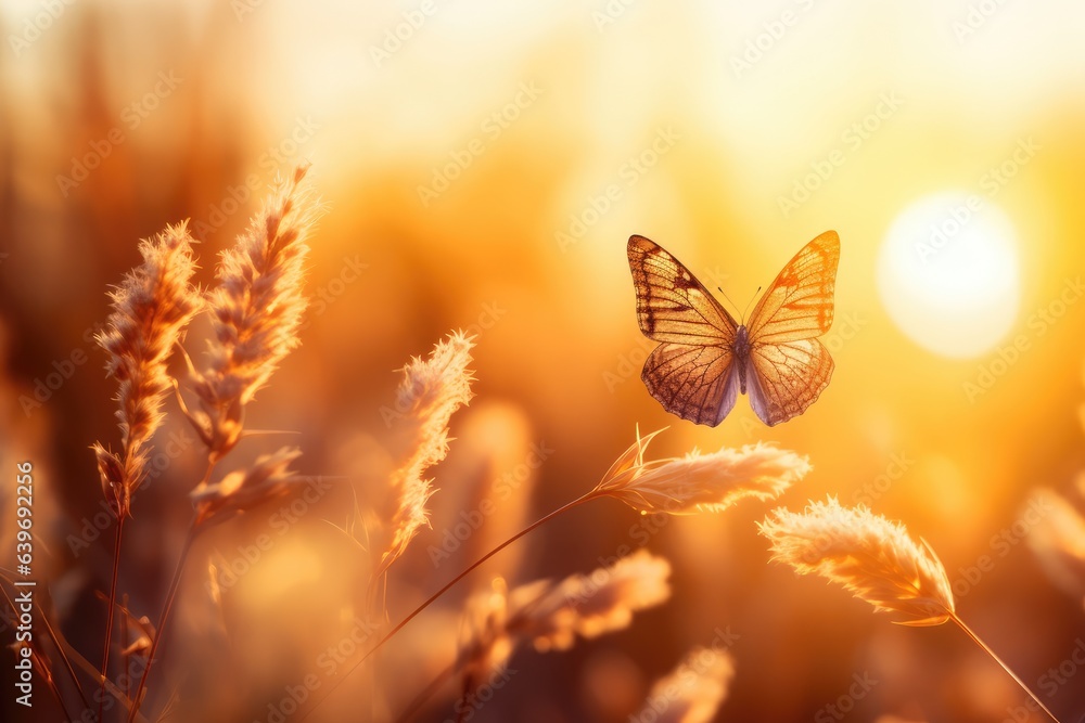 Abstract summer autumn field landscape at sunset with butterfly