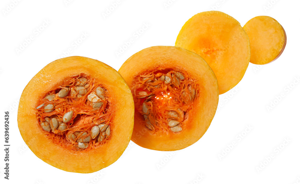 Raw muscat squash slices with seeds isolated on white, clipping path