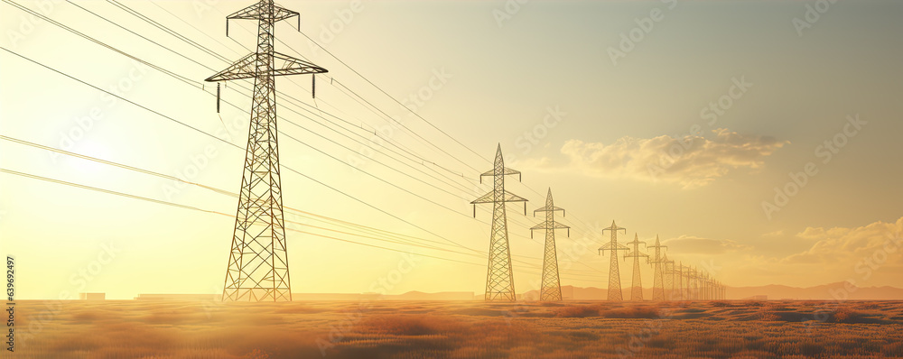 High voltage power line at sunset. Generative AI