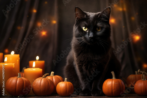 Black cat sitting near candles and pumpkins, halloween scene © GraphiteCat
