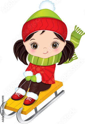 Vector Cute Little Girl in Winter Outfit Sledding