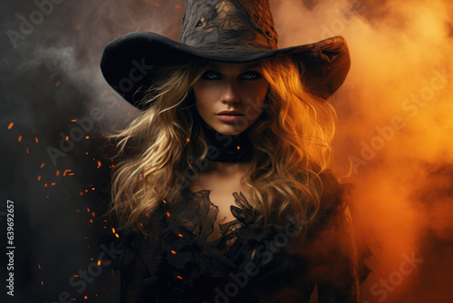 Mysterious halloween witch woman in a hat
