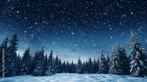 Winter night scene featuring snow-covered coniferous trees under a dark blue sky filled with stars. © Arma Design