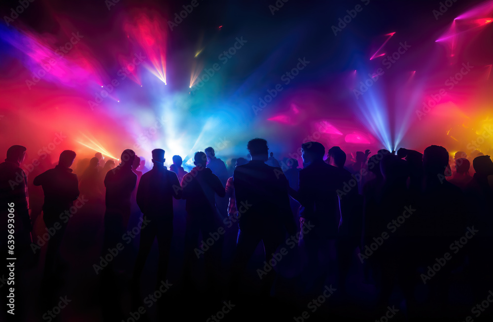in a nightclub with colorful lasers show. An amazing club atmosphere with a lof of people dancing to electronic music