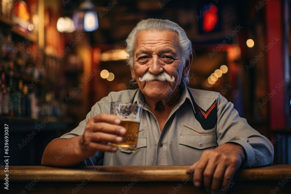 Old hispanic man holding a glass of beer looking at the camera standing at a bar counter 