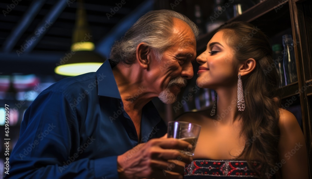 Old man having a drink embracing a beautiful young woman in a night club Old man having a drink embracing a beautiful young woman in a night club