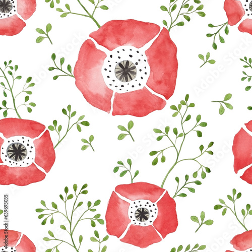 Watercolor pattern seamless of red poppies with stems and green leaves for beautiful design on black isolated background. Watercolor abstract art.
