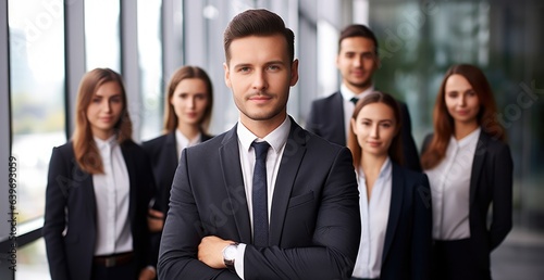 confident business team posing with it's leader at a corporate office.