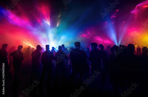 in a nightclub with colorful lasers show. An amazing club atmosphere with a lof of people dancing to electronic music © Michael