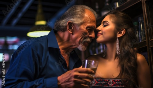 Old man having a drink embracing a beautiful young woman in a night club