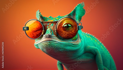 green chameleon monster wearing sunglasses. Generative in ai