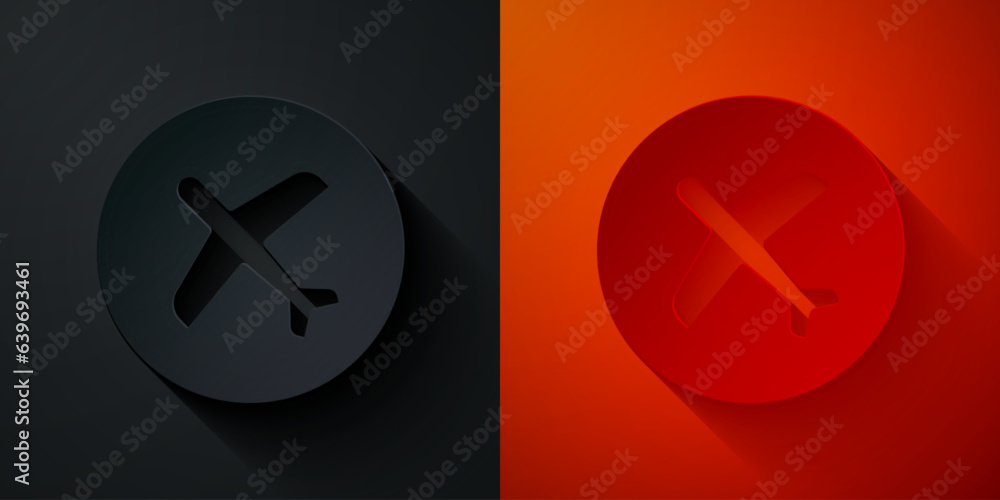 Paper cut Plane icon isolated on black and red background. Flying airplane icon. Airliner sign. Paper art style. Vector Paper cut Plane icon isolated on black and red background. Flying airplane icon. Airliner sign. Paper art style. Vector