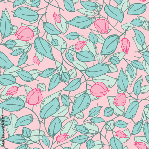 Bright pink and green ice cream colors seamless tulips pattern. Abstract happy summer and spring floral design. Feminine cute tulips blossom and leaves  line art.