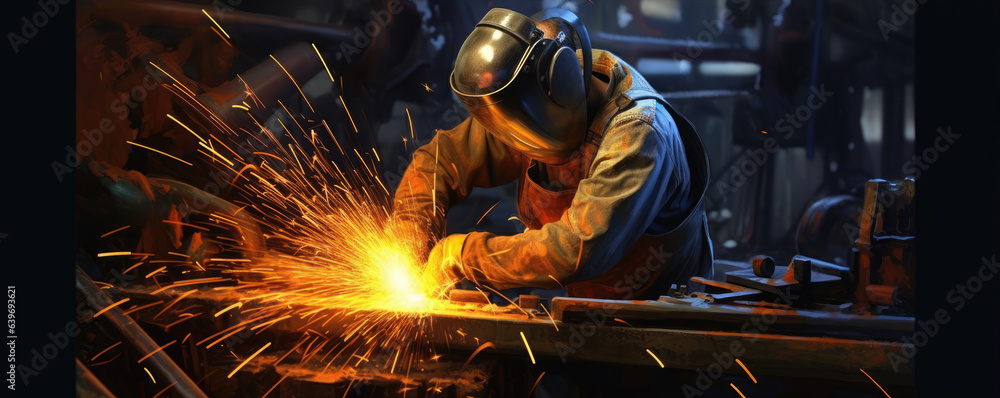Metal welder working with arc welding machine to weld steel at factory. generative ai Metal welder working with arc welding machine to weld steel at factory. generative ai