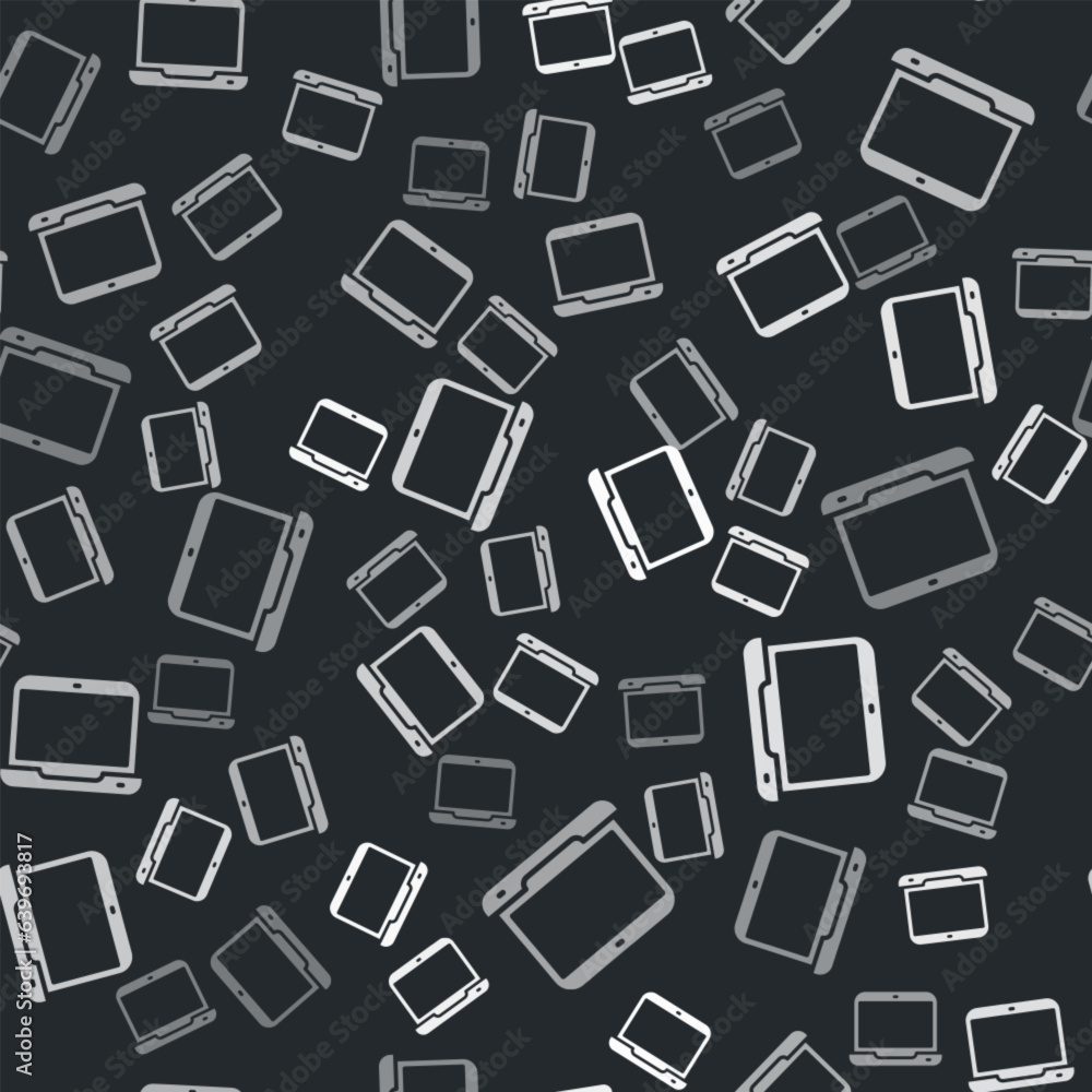 Grey Laptop icon isolated seamless pattern on black background. Computer notebook with empty screen sign. Vector