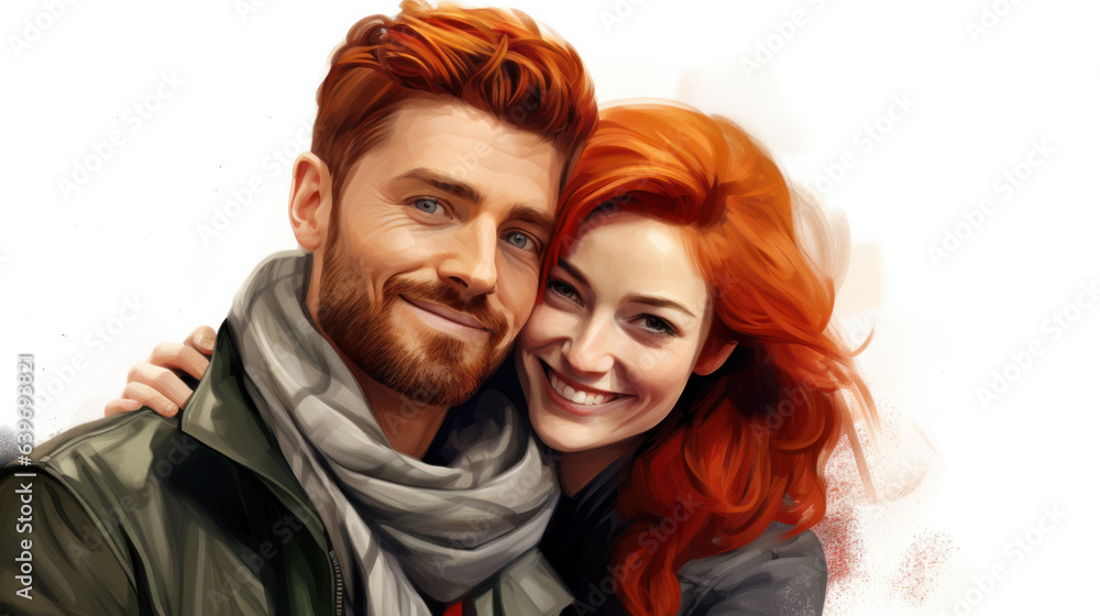 portrait of red hair caucasian couple looking at camera. nice guys and lady restrained in emotions. Emotions, people concept