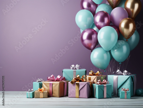 Gift boxes and Bunch of balloons on empty wall, Birthday card background