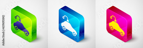 Isometric Radio controlled car toy icon isolated on grey background. Control remote car toy. Square button. Vector