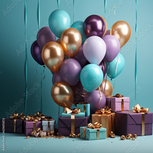 Birthday celebrations banner. Gift boxes and Bunch of balloons 