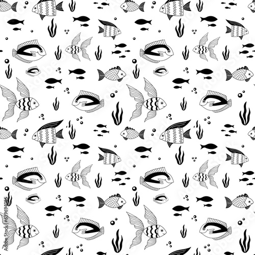 Vector seamless pattern with black and white cartoon fishes