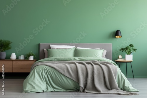 Bed with grey headboard and green blanket near mint color wall. Interior design of modern bedroom photo