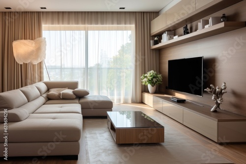 Beige corner sofa against tv unit. Interior design of modern living room © Interior Design