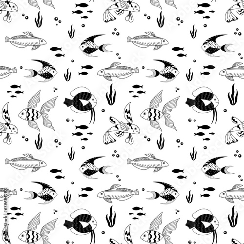 Vector seamless pattern with black and white cartoon fishes