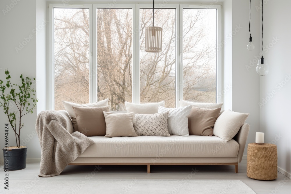 Fototapeta premium Beige sofa against grid window. Scandinavian interior design of modern living room