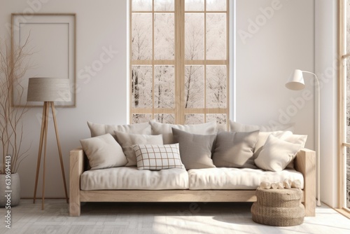 Beige sofa against grid window. Scandinavian interior design of modern living room © Interior Design