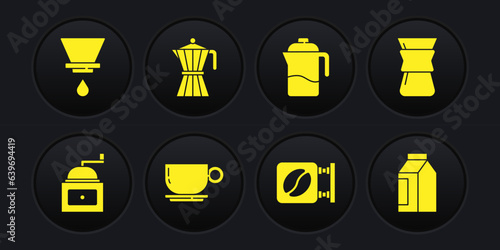 Set Manual coffee grinder, Pour over maker, Coffee cup, Street signboard, French press, moca pot, Bag beans and V60 icon. Vector