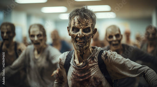 Zombies in a closed classroom. Zombies dancing in a dance hall with dancing undead. Post-apocalyptic zombies indoors.