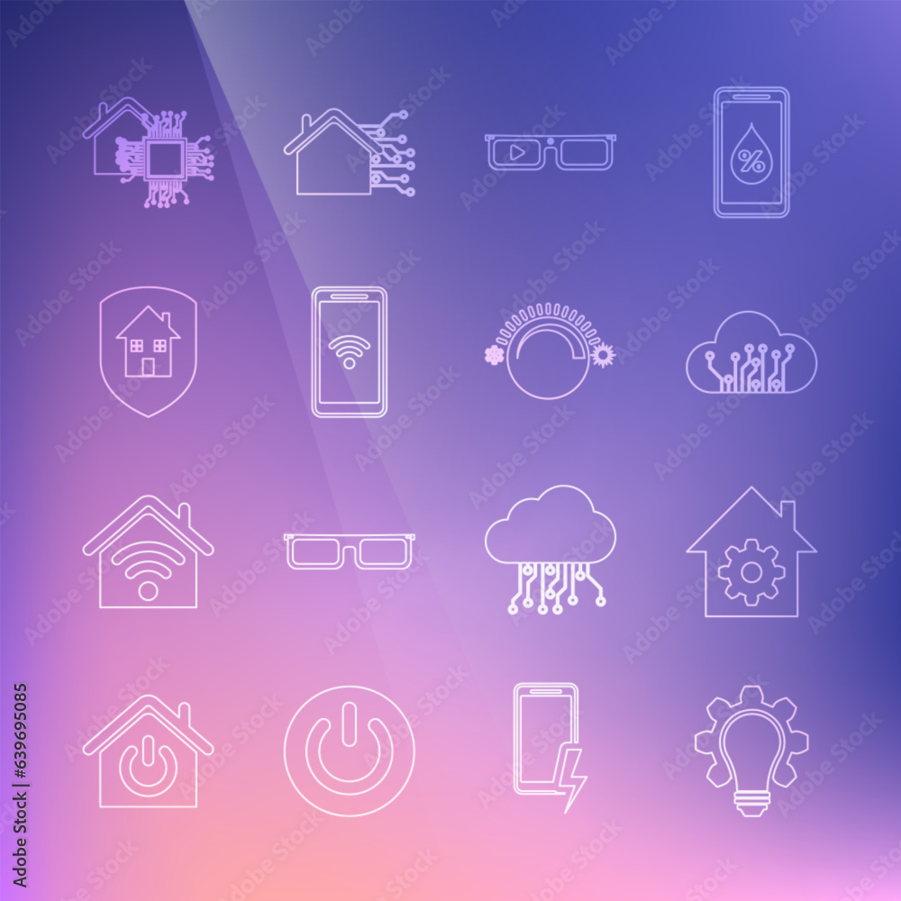 Set line Light bulb and gear, Smart home settings, Internet of things, glasses, Mobile with wi-fi wireless, House under protection, and Thermostat icon. Vector