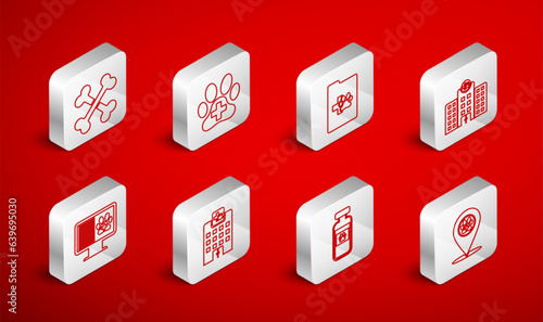 Set line Location veterinary, Veterinary clinic, Clinical record pet, medicine hospital, Pets vial medical, Crossed bones, and monitor icon. Vector