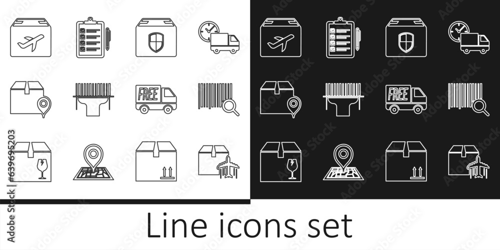 Set line Plane and cardboard box, Search barcode, Delivery security shield, Scanner scanning, Location with, Free delivery service and Verification of list icon. Vector