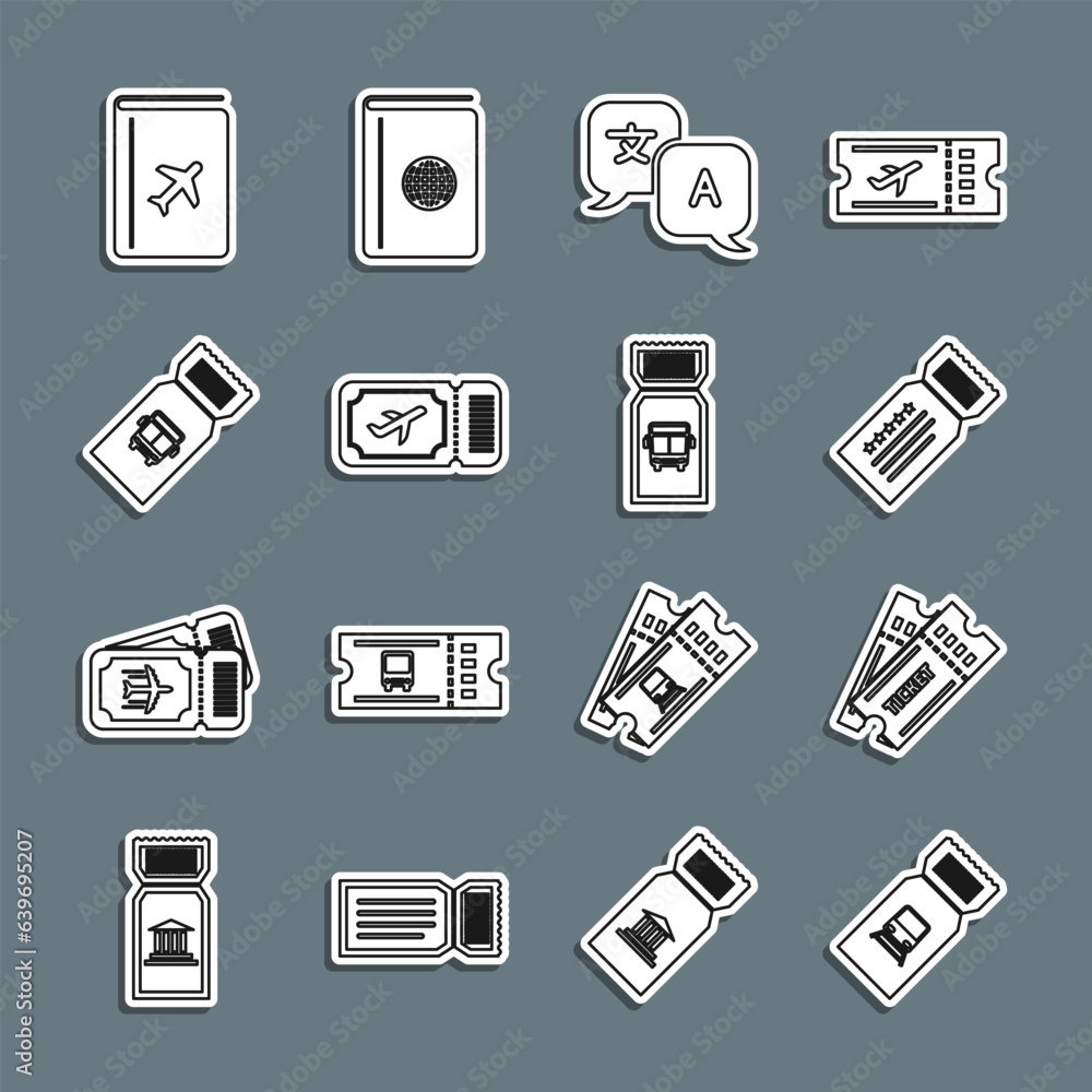 Set line Train ticket, Ticket, Translator, Airline, Bus, Cover book travel guide and icon. Vector Set line Train ticket, Ticket, Translator, Airline, Bus, Cover book travel guide and icon. Vector