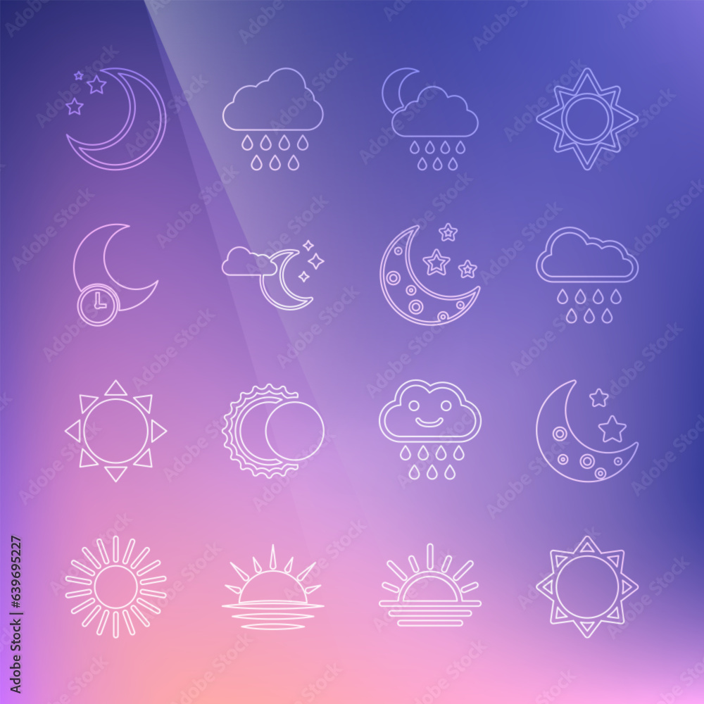 Set line Sun, Moon and stars, Cloud with rain, moon, Sleeping, and icon. Vector Set line Sun, Moon and stars, Cloud with rain, moon, Sleeping, and icon. Vector