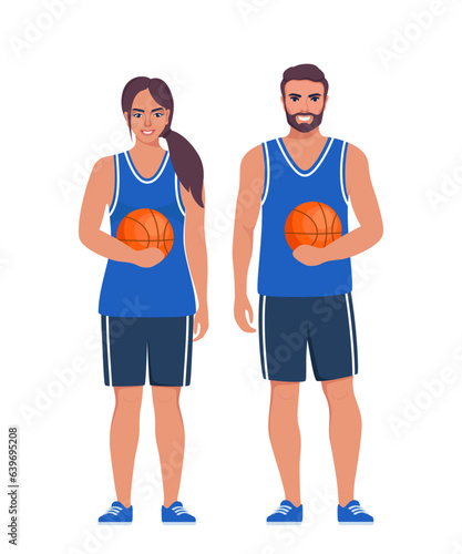 Happy basketball players couple in uniform with ball isolated on white background. Vector illustration.