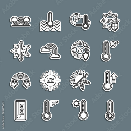 Set line Meteorology thermometer, Thermometer and cloud, moon, Rainbow with clouds, Sun snowflake, and UV protection icon. Vector
