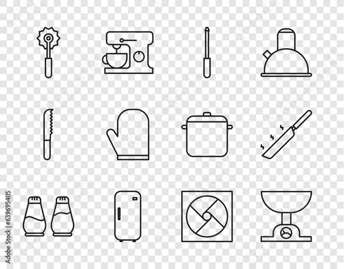 Set line Salt and pepper, Electronic scales, Knife sharpener, Refrigerator, Pizza knife, Oven glove, Ventilation and Frying pan icon. Vector