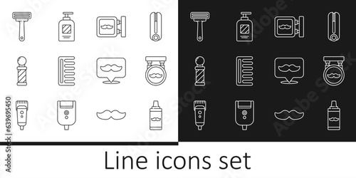 Set line Shaving gel foam, Barbershop, Hairbrush, Classic pole, razor, and Bottle of shampoo icon. Vector