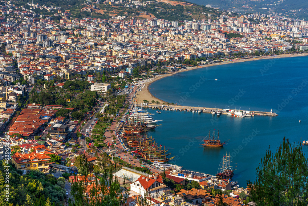 Alanya, Turkey. Aerial panoramic view from the hill to the harbour and city.  Alanya cityscape, Turkish resort. 