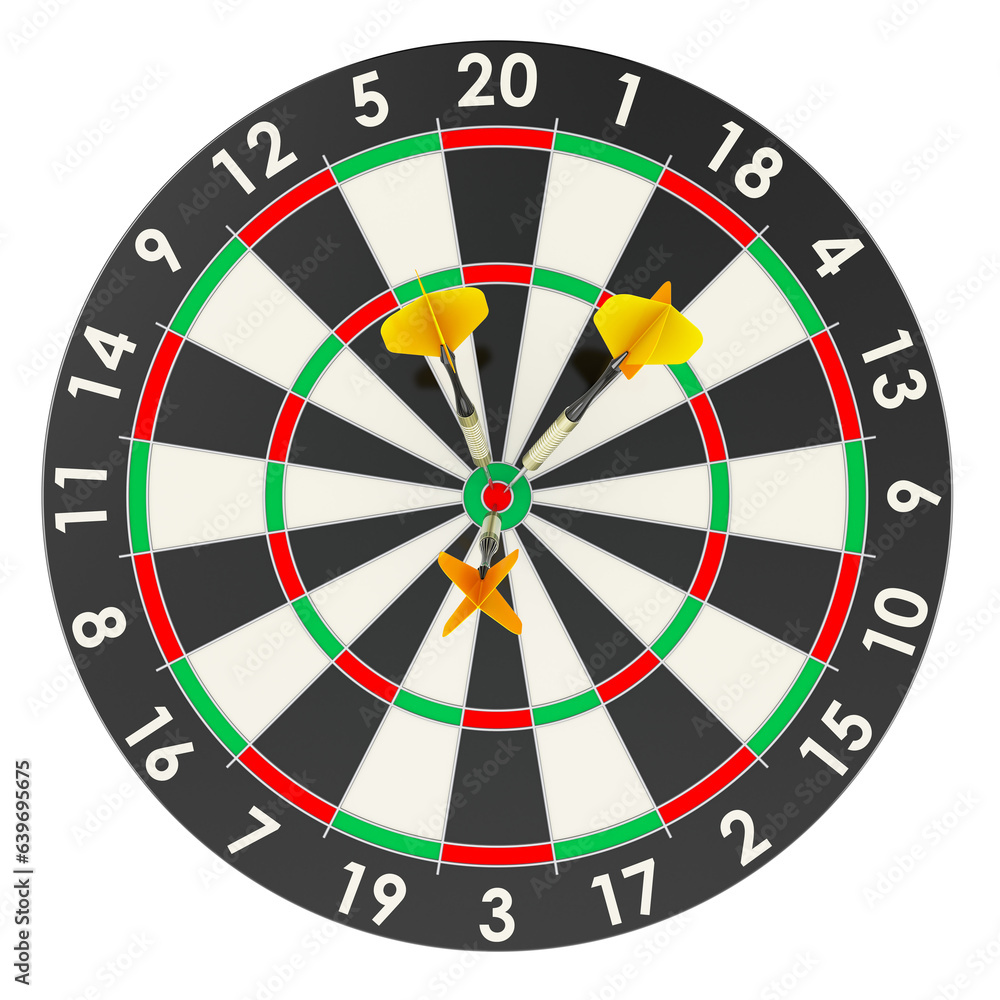 Dartboard with darts in bullseye, front view. 3D rendering isolated on transparent background Dartboard with darts in bullseye, front view. 3D rendering isolated on transparent background