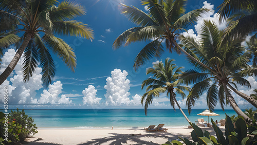 Blue sky and palm trees beach view generative AI