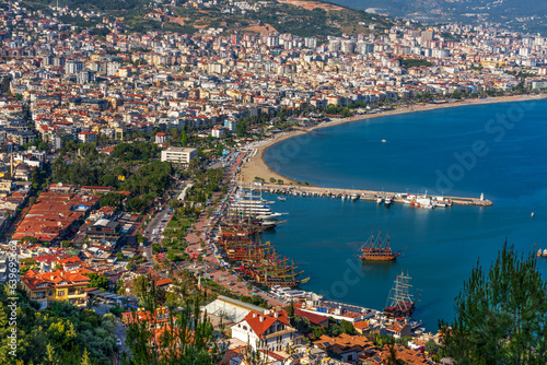 Alanya, Turkey. Aerial panoramic view from the hill to the harbour and city. Alanya cityscape, Turkish resort. 